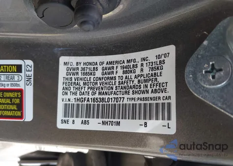 2008 Honda Civic Lx from USA, damaged, VIN 1HGFA16538L017077